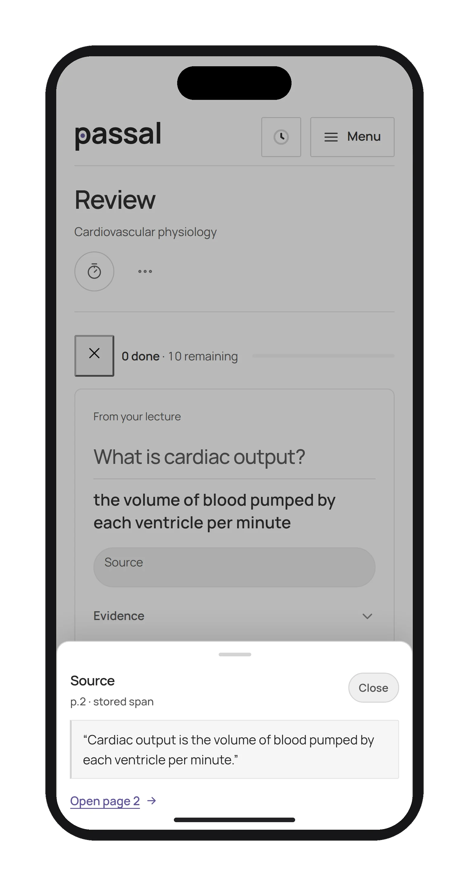 Passal review card on a phone with a lecture source drawer showing the quoted line and an Open page 2 link